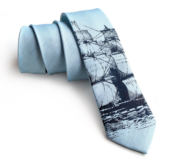 Clipper Ship Linen Necktie. Nautical Print Men's Tie