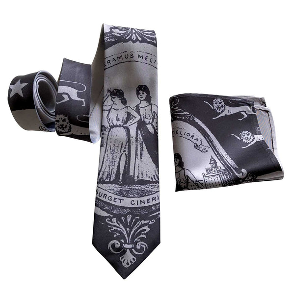 Old English D Necktie. Detroit D Tie, by Cyberoptix Platinum on Charcoal / Narrow / Silk