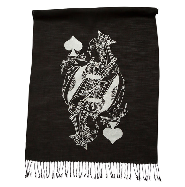 Queen of Spades Scarf, Playing Card Linen Weave Pashmina Gold on Black