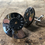 Black Ammonite Cufflinks, fossil gemstone cufflinks