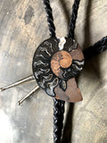 Black-Brown Ammonite Fossil Bolo Tie, dark tones stone western tie